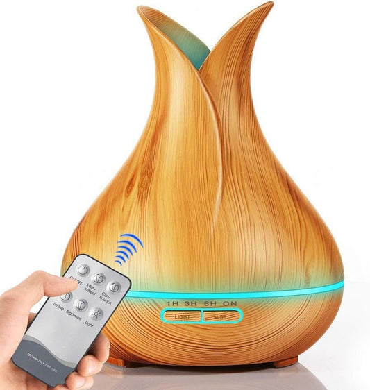 Essential Oil Diffuser Ultrasonic Aromatherapy Air Humidifier 400ML Remote Control Wood Grain Cool Mist Aroma Diffuser Large for Home Office Spa Baby Kids Room, Auto Shut-Off, 10 Hours Working Time (Light Wood)
