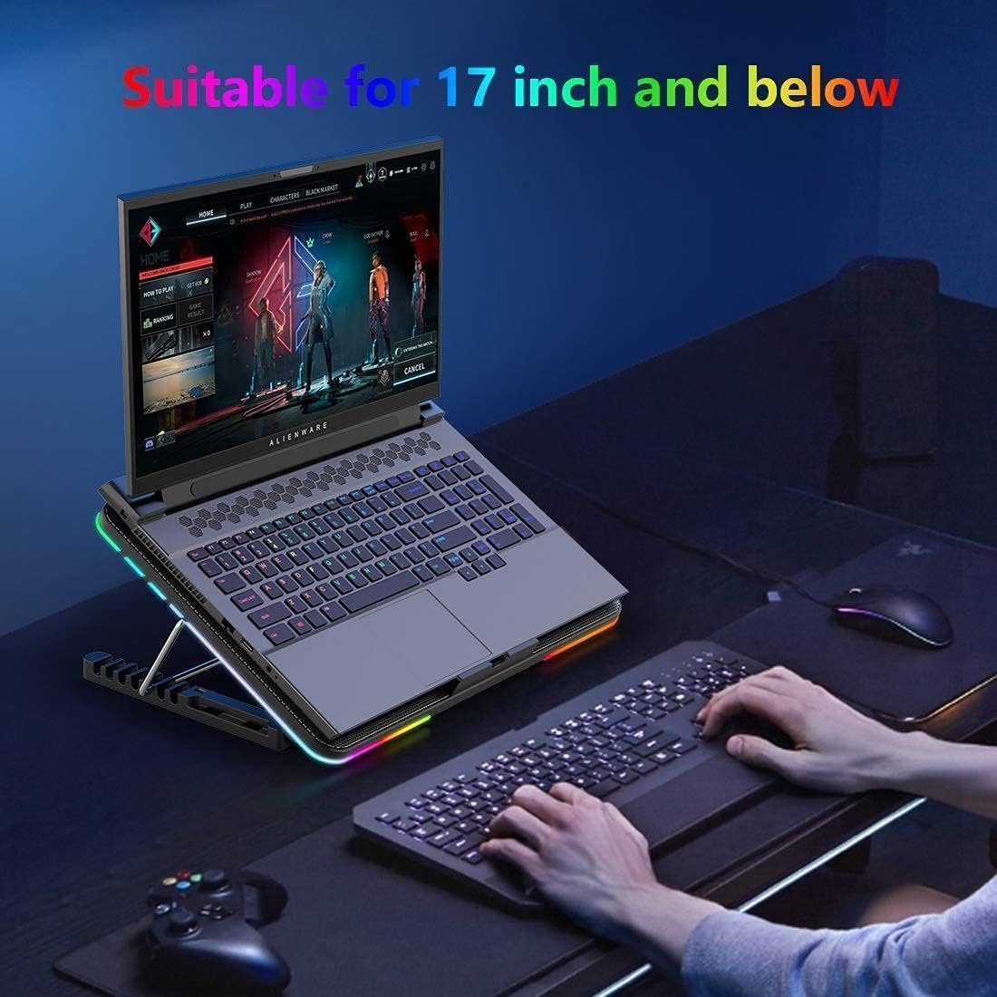 Necomi Laptop Cooling Pad, Laptop Cooler with 6 Quiet Fans for 13-17 Inch Gaming Fan Stable Stand, 7 Height Adjust, RGB Light 10 Modes, Switch Control Fan Speed, 2 USB Port & Phone Holder