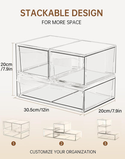 YIEZI 3 Pack Stackable Clear Drawer Organizer Bins Bathroom Organizers, Clear Plastic Storage Bins, Home Storage Organizer to Cosmetics, Makeup, Nail Art, Kitchen Under Sink Organization - Detachable