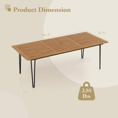 Tangkula 86.5-Inch Patio Dining Table, Indoor & Outdoor Dining Table w/Acacia Wood Tabletop & Metal Legs, Rectangular Wood Table w/Umbrella Hole for Patio Yard Deck, for 8 People