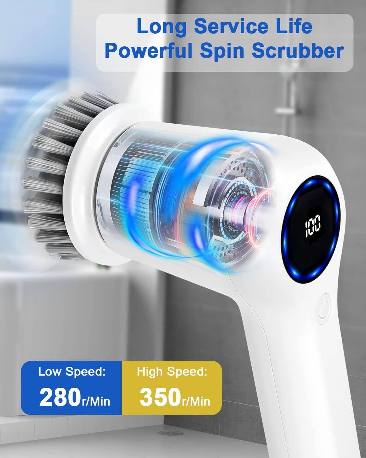 GRUTTI Electric Spin Scrubber, Rechargeable Bathroom Scrubber with Display and 5 Replaceable Brush Heads, 2 Speeds Cordless Cleaning Brush丨Power Shower Scrubber for Bathtub, Tub, Tile, Floor