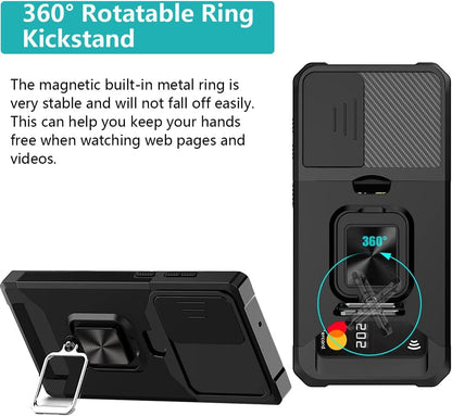 for iPhone 16 Plus Case with [Card Holder] and Camera Cover Built-in 360° Rotate Ring Stand Kickstand Magnetic Magnet Heavy Duty Protective Phone Cover Case for iPhone 16 Plus