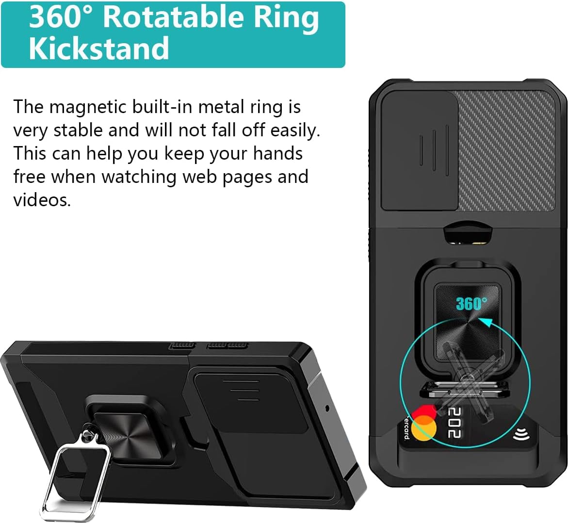 for iPhone 16 Pro Max Case with [Card Holder] and Camera Cover Built-in 360° Rotate Ring Stand Kickstand Magnetic Magnet Heavy Duty Protective Phone Cover Case for iPhone 16 Pro Max