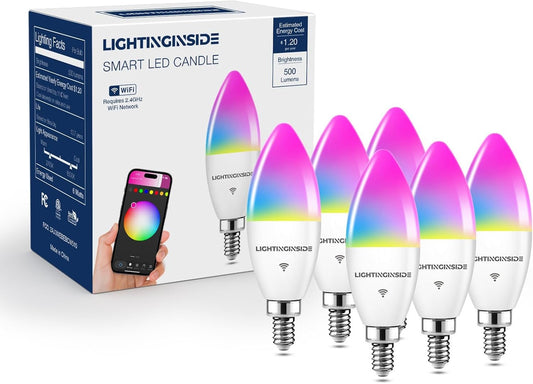 Candelabra Smart Light Bulbs 60W Equivalent, 500LM 6W E12 LED Bulb Compatible with Alexa/Google Home, RGBCW Candle Bulb for Chandelier, No Hub Required, 2.4G WiFi Only, ETL Listed, 6PCS