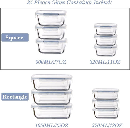 Glass Food Storage Containers with Lids Airtight, Glass Meal Prep Containers for Lunch Food Storage with Lids, 24 Pcs Glass Food Container Set-Leak Proof Microwave, Oven, Freezer and Dishwasher Safe