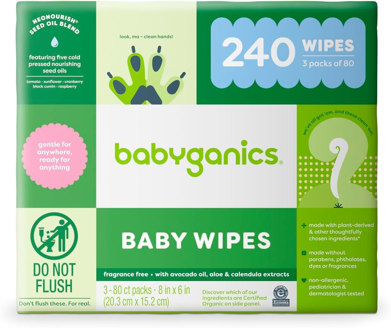 Babyganics Baby Wipes, Unscented, 240 Count, (3 Packs of 80)