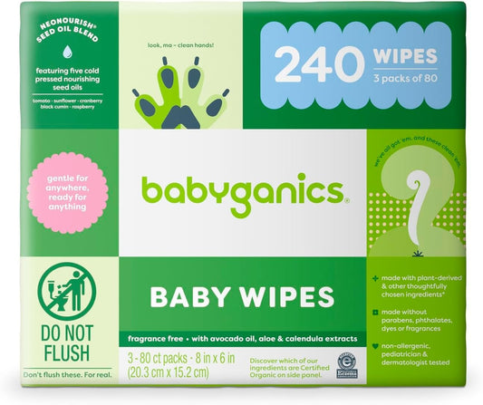 Babyganics Baby Wipes, Unscented, 240 Count, (3 Packs of 80)