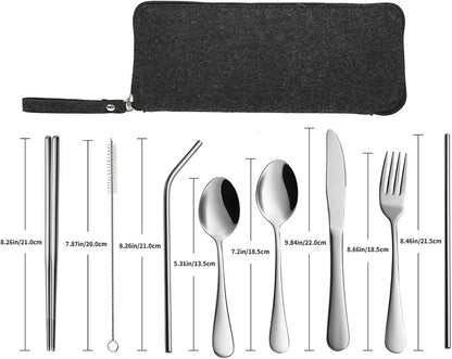 Portable Travel Utensils, Reusable Silverware with Case for Fixing Tableware, 9 Pieces Stainless Steel Stable Flatware Set, Camping Picnic Cutlery Set (Silver Set)