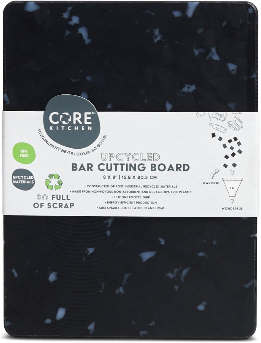 Core Home Upcycled BPA Free 6 x 8 Inch Made of Post Industrial Recycled Plastic Materials Charcuterie Platter Non-Slip Chopping Cutting Board, White Confetti on Black