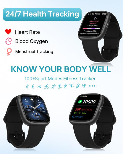 PLAZOR Smart Watch Fitness Tracker for Men Women,Alexa Built-in, with Bluetooth Answer/Make Calls,1.83'' HD 100+ Sports Modes,Running Watch with Heart Rate,Sleep Waterproof Compatible Android iOS