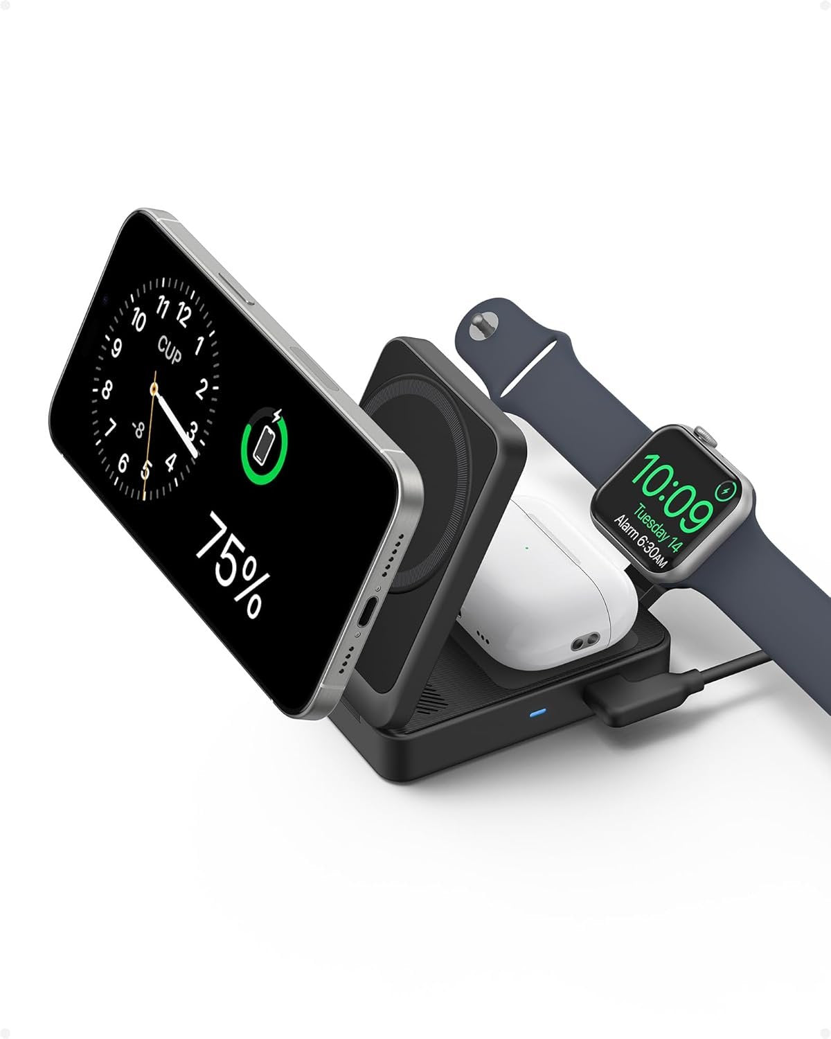 Anker MagGo 3-in-1 iPhone 16 Charging Station, MagSafe-Compatible Wireless Charger Stand, Qi2 Certified 15W Foldable Charger for iPhone 15/14, AirPods, Apple Watch 9 (40W USB-C Charger Included)
