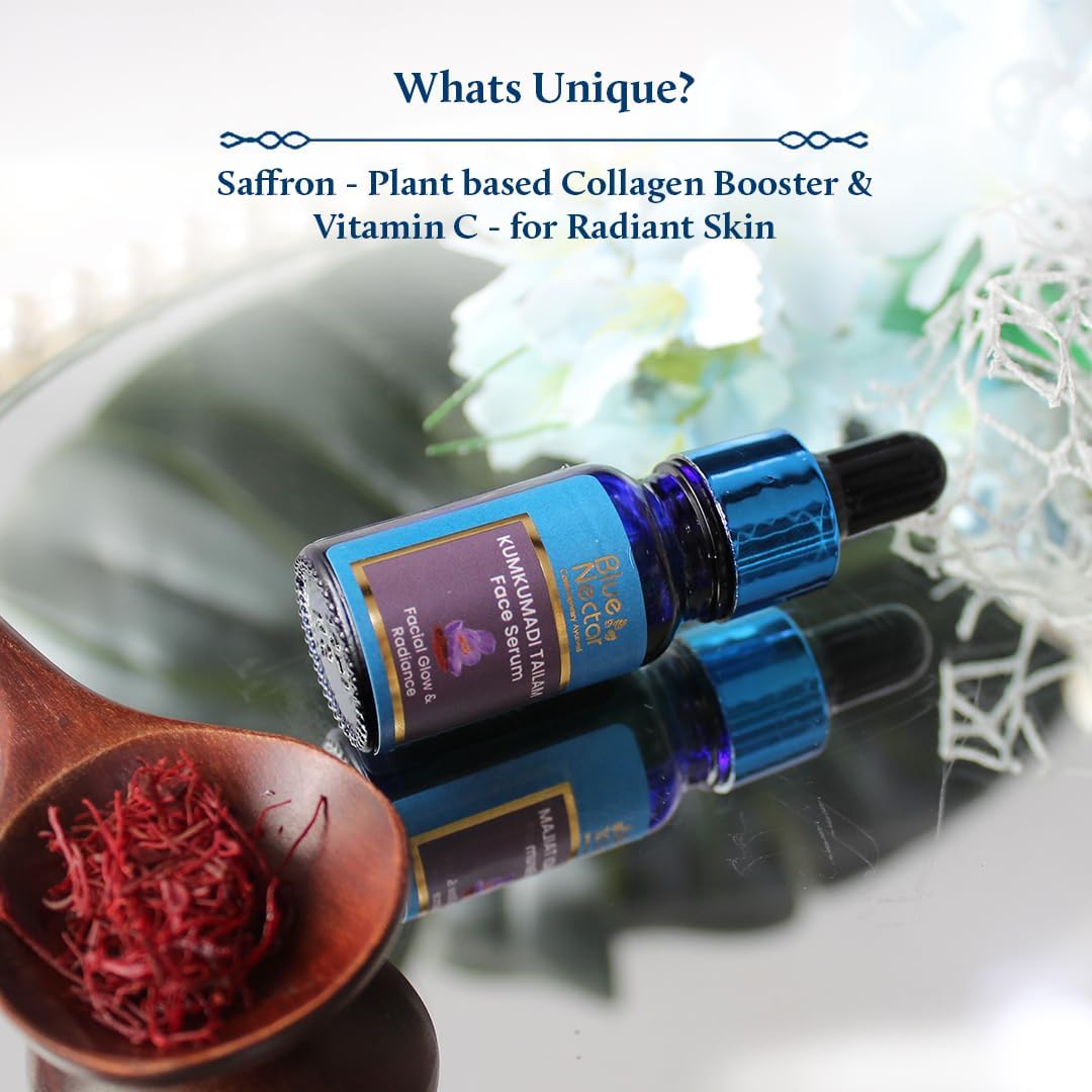Blue Nectar Anti Aging Face Serum, Pure Ayurveda Kumkumadi Tailam Radiance Glow Serum, All Natural Face Oil and Face Moisturizer for Women, 26 herbs - 10 ml