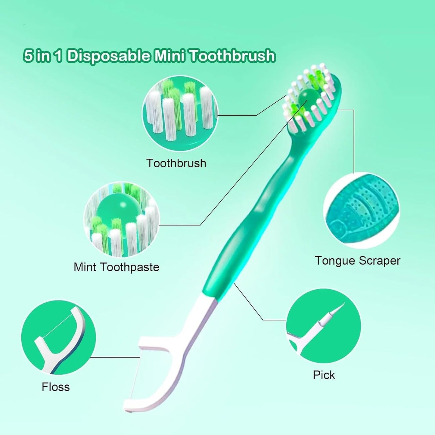 All in One Brush, Toothpaste and Floss, 5 in 1 Mini Toothbrush & Floss & Tongue Scraper & Toothpick Set, Portable Oral Care for Travel Work, Bulk Toothbrushes Individually (mix,2)