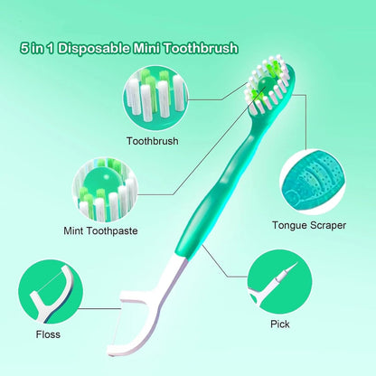 All in One Brush, Toothpaste and Floss, 5 in 1 Mini Toothbrush & Floss & Tongue Scraper & Toothpick Set, Portable Oral Care for Travel Work, Bulk Toothbrushes Individually (mix,2)
