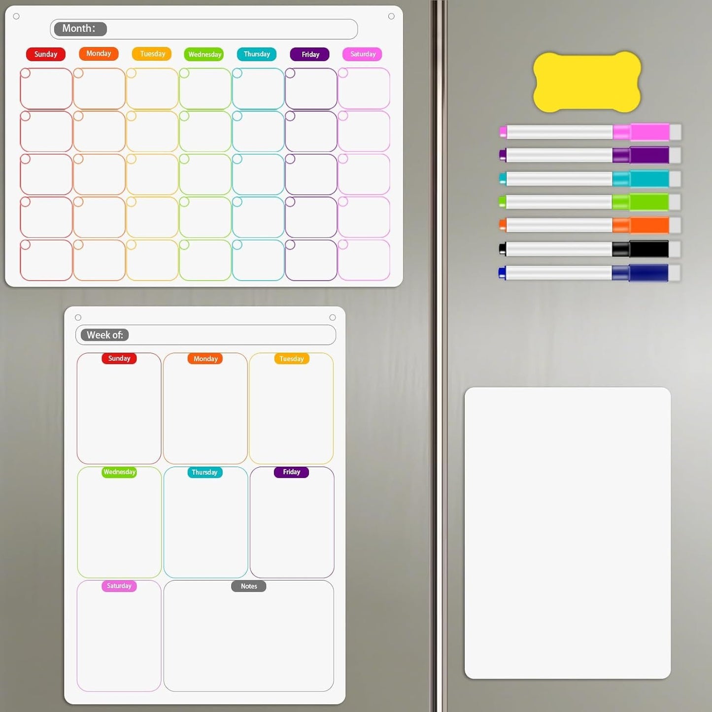 Magnetic Dry Erase Calendar Whiteboard Set (3-Pack) – 1 Monthly Planner 1 Weekly Planner and 1 Whiteboard with 7 Markers & Eraser for Fridge, Wall and Home Organization