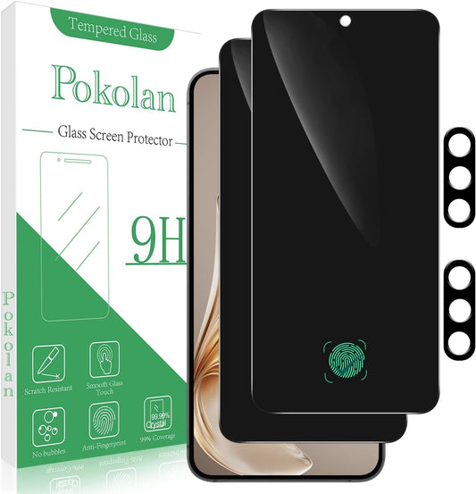 Pokolan [2+2 Pack] Privacy Screen Protector for Samsung Galaxy S24 FE with Camera Lens Protecor, Anti Spy Private Tempered Glass Film, Case Friendly, 9H Hardness