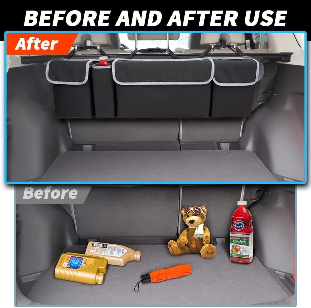 Car Trunk Organizer Storage with 4 Pockets, Collapsible and Waterproof Backseat Hanging Organizer, Car Interior Accessories for SUV, Truck, Van, Cargo
