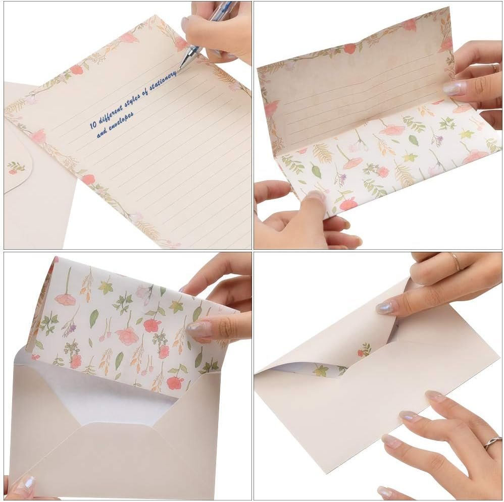 TIMESETL Stationery Letter Paper and Envelopes Set, 60 Sheets Cute Letter Writing Paper & 30 Lovely Envelopes, 10 Different Flora and Fauna Printed Design, Double-Sided Printing, A5 Size