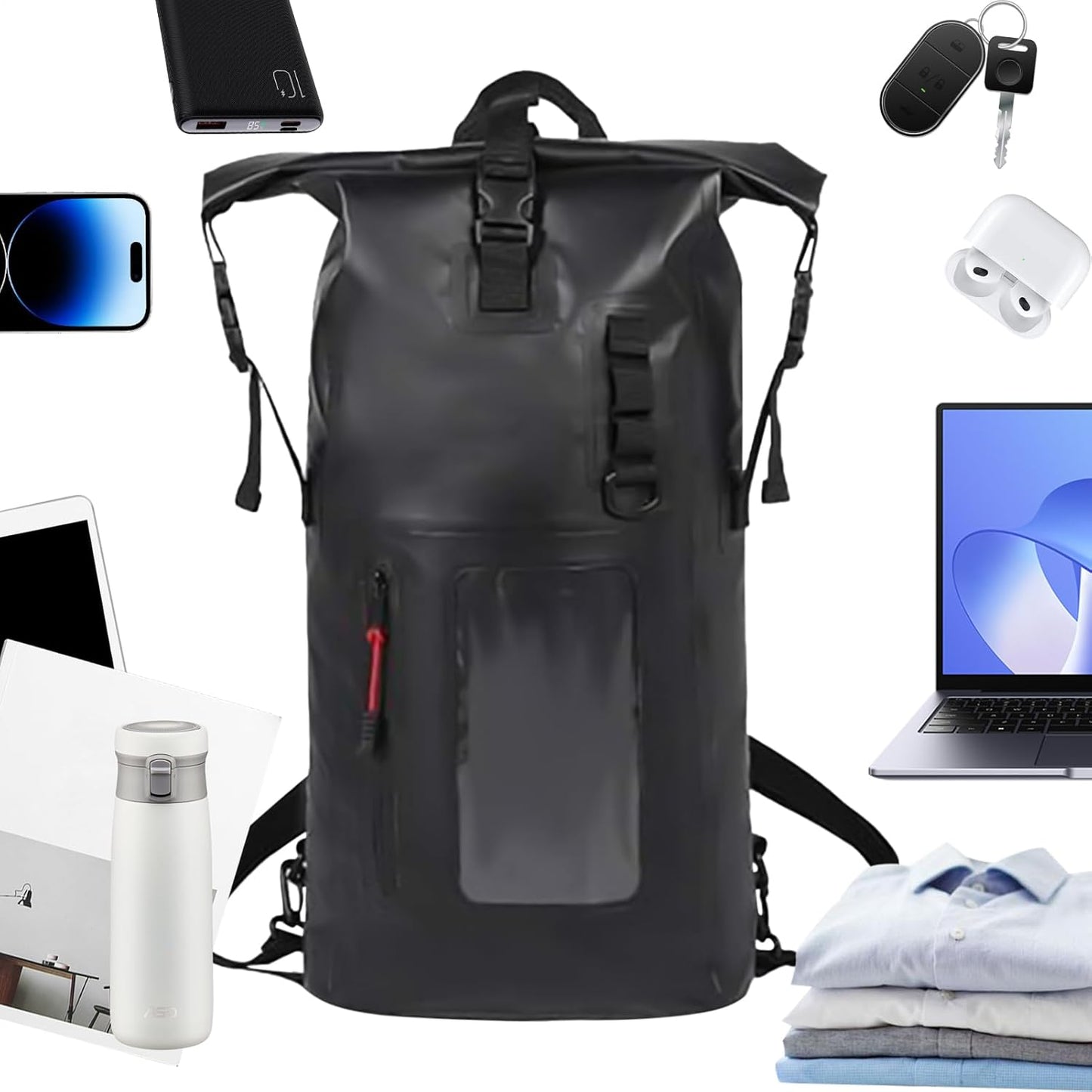 Dry Backpack, Waterproof Bags Backpack, 11.02x6.3x25.98 Inches Large Capacity Portable Storage, Camping Gear Bag for Swimming, Kayaking, Boating, Beach and Outdoor Travel, Black, Refer to description
