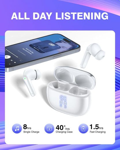 Wireless Earbuds Bluetooth Headphones 5.3,Bass Boosted Ear Buds 40H Playtime IP6 Waterproof Earbuds with LED Digital Display Charging Case,4 ENC Mics Earphones for Work Sports