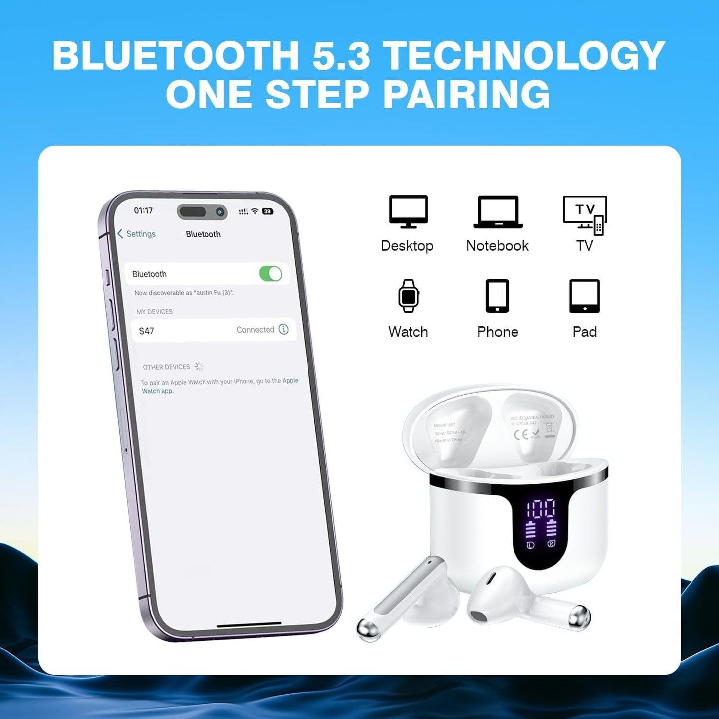 Wireless Earbuds Bluetooth 5.3 LED Display Headphones with ENC Mic,40H Bluetooth Earphones in Ear Deep Bass Stereo Sound,Mini Ear Buds IP6 Waterproof,Touch Control for Work Sport