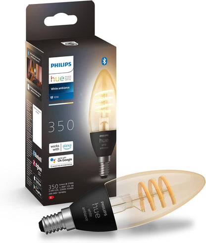 Philips Hue Filament Candle White Ambiance LED Smart Light Bulb E14 Small Edison Screw 4.9W for Indoor Home Lighting. Bedroom