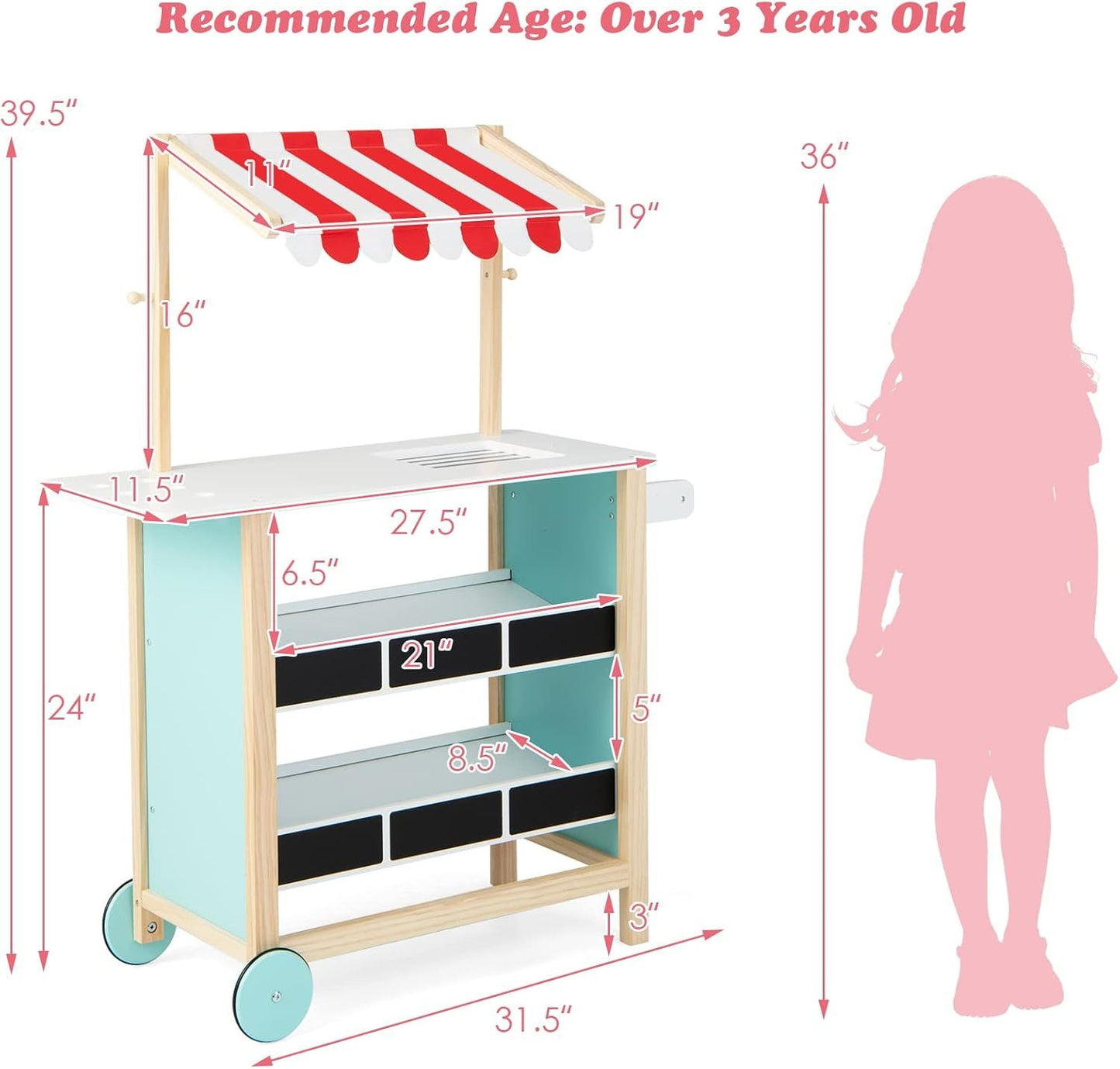 HONEY JOY Kids Ice Cream Cart, Wooden Grocery Store Playset w/6 Pieces Play Food, Realistic Bell & Food Scale, Chalkboard, Pretend Play Dessert Shop Counter Stand Truck, Gift for Boys Girls
