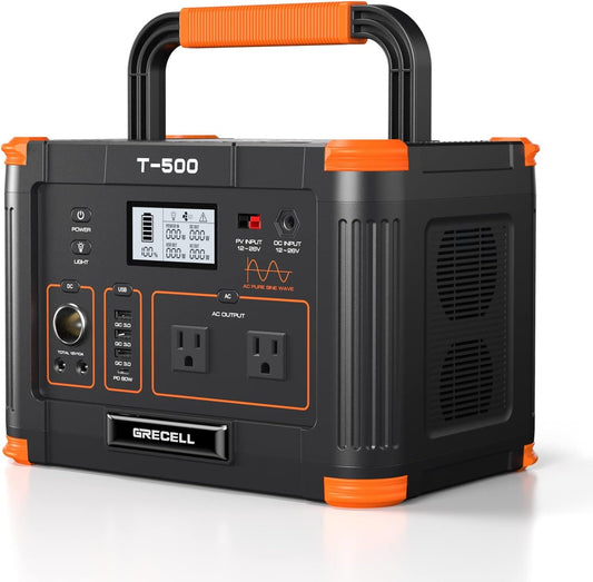 GRECELL Portable Power Station 500W, 519Wh/140400mAh Solar Generator Backup Lithium Battery Pack Power Supply with 2 AC Outlets, PD 60W USB-C Power Bank for Outdoor RV Camping Home Outage Emergency