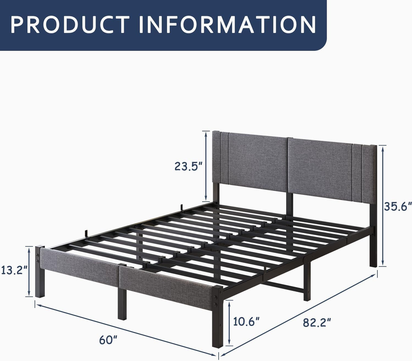 Queen Bed Frame, DUMEE Bed Frame Queen Size with Upholstered Headboard, Upholstered Bed Frame with Metal Slats Enhanced Support, No Box Spring Needed, Dark Gray Queen Bed