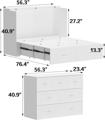ECACAD Multi-Functional 2-in-1 Murphy Cabinet Bed, Full Size Bed Frame Murphy Bed Chest with Built-in Power Strip & 3 Drawers, Full Foldable Platform Bed, White