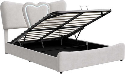 Upholstered Bed 140 x 200 cm with Cassette, LED Heart Headboard and USB Charging Function, Double Bed with Hydraulic Space, Slatted Frame, Beige, Velvet, Without
