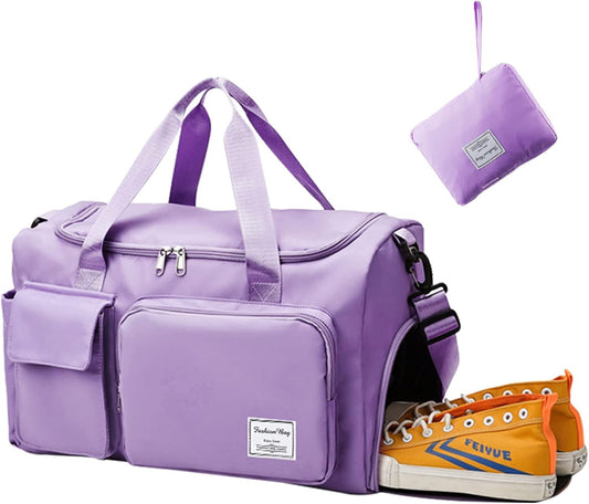 Aedcbaide Travel Bag for Women Men,Waterproof Gym Bag with Shoe Compartment,Lightweight Foldable Duffel Bag,Storage Bag,Dry and Wet Organiser Bag,Large Weekend Bag for Sport Travel (Purple)