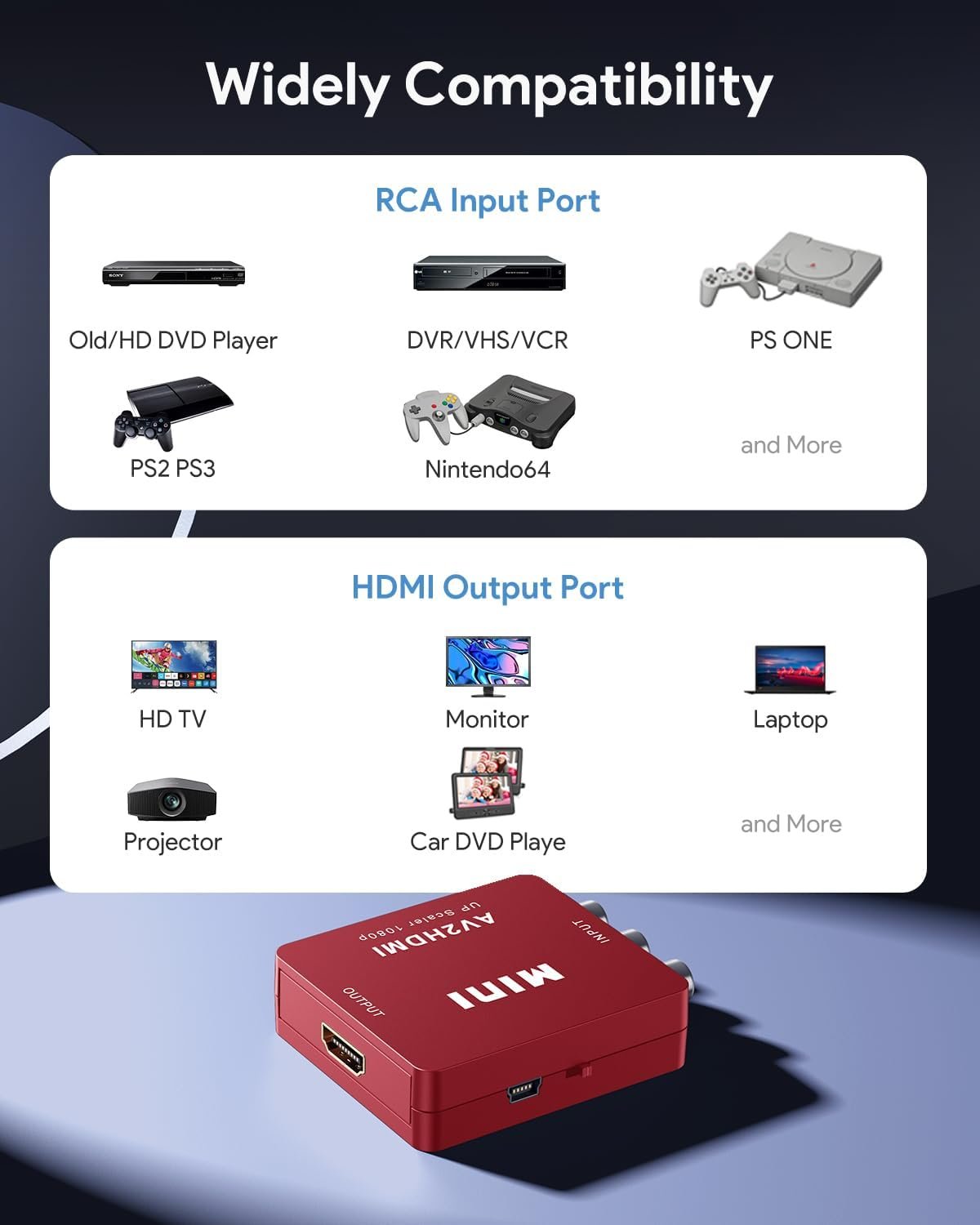 ABLEWE RCA to HDMI,AV to HDMI Converter, 1080P Mini RCA Composite CVBS Video Audio Converter Adapter Supporting PAL/NTSC for TV/PC/ PS3/ STB/Xbox VHS/VCR/Blue-Ray DVD Players, Red