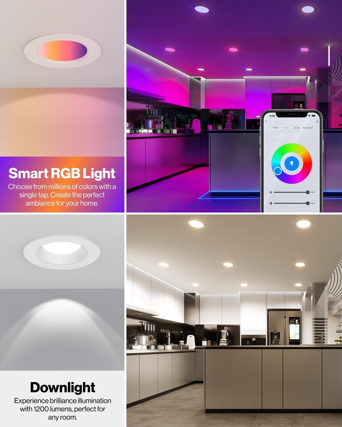 Sunco 4 Pack LED Recessed 6 Inch, Smart RGBW Color Changing Can Lights, High Brightness 1200 LM, 14W, Retrofit Installation, Compatible with Amazon Alexa & Google Assistant - UL.