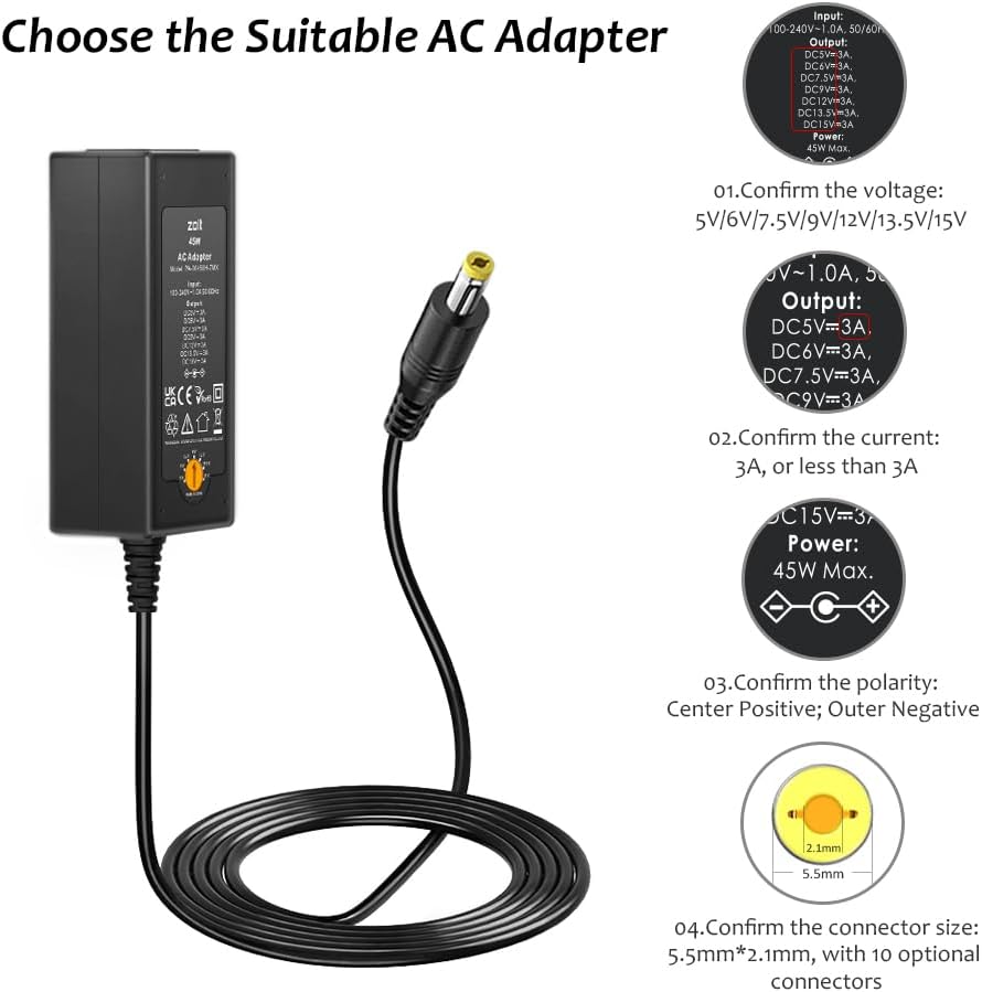 Zolt Universal AC to DC Power Adapter 5V 6V 7.5V 9V 12V 13.5V 15V 3A Slotted Power Transformer for Electronics 3000mA