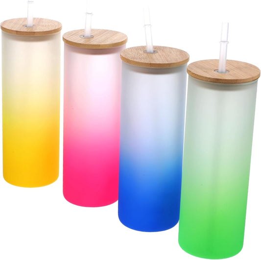 Zerodeko 4Pcs Gradient Sublimation Glass Drinking Cup Frosted Color Changing Tumbler with Lid