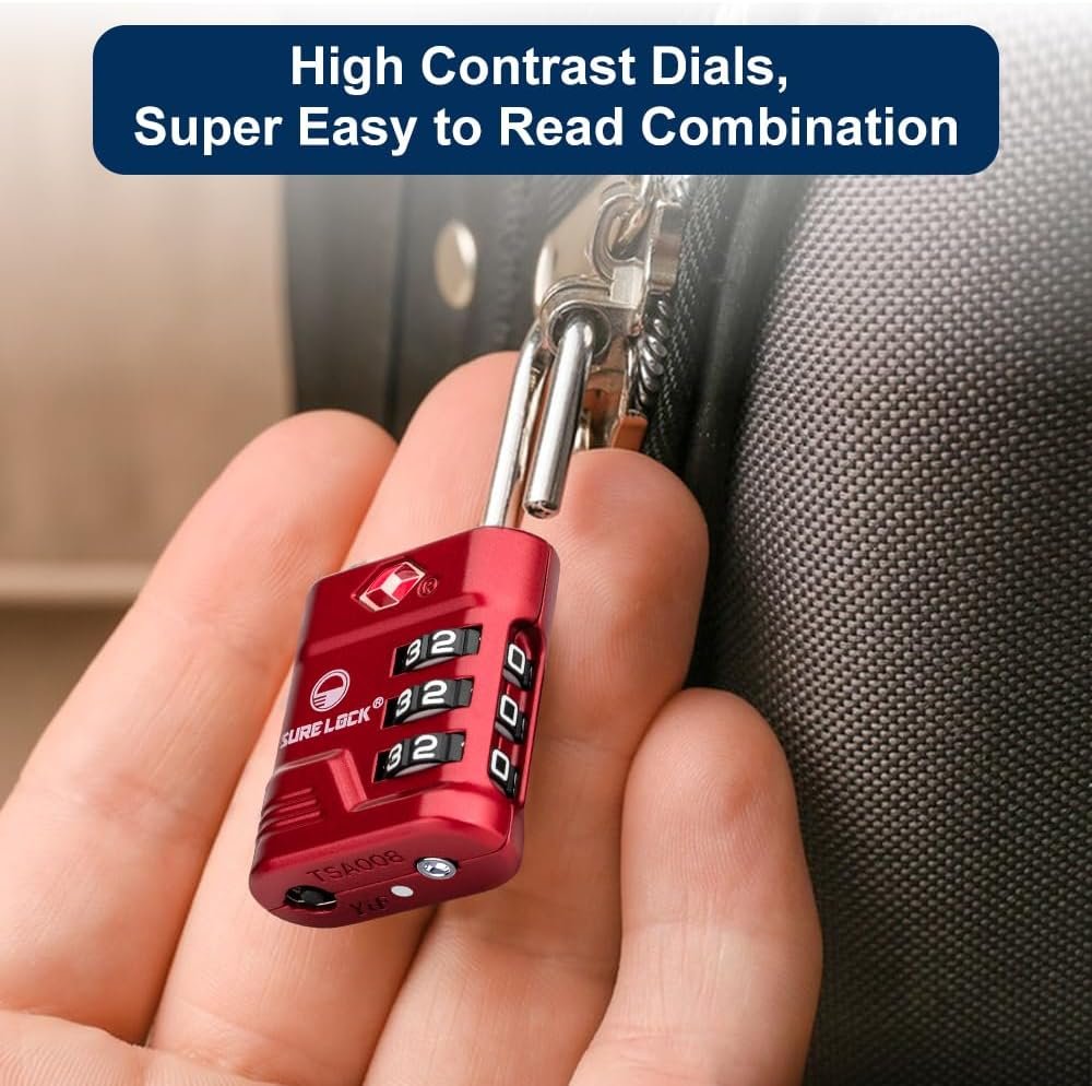 SURE LOCK TSA Locks for Luggage, TSA Approved Luggage Locks with Open Alert, TSA008 Key for High Security, Easy Read Dials, Zinc Alloy Body, Locker Lock for Suitcase, Gym, Travel(Red 2 pk)