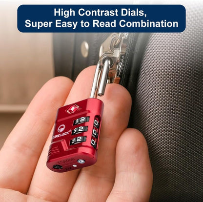 SURE LOCK TSA Locks for Luggage, TSA Approved Luggage Locks with Open Alert, TSA008 Key for High Security, Easy Read Dials, Zinc Alloy Body, Locker Lock for Suitcase, Gym, Travel(Red 2 pk)