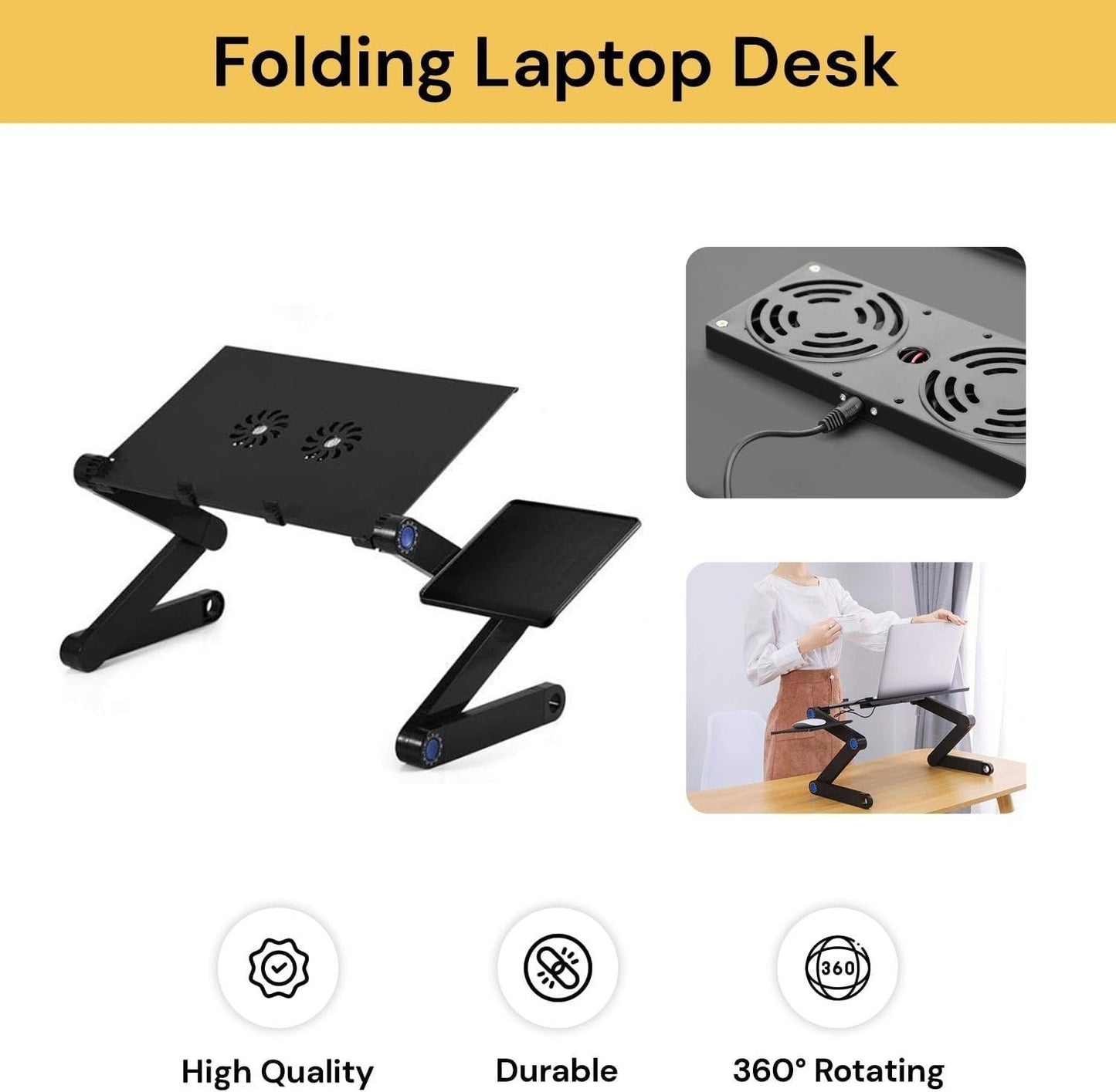 EZONEDEAL Desk Stand Table with Cooling Fan, Foldable Adjustable Aluminum Portable Laptop Stand Work Study Tv Bed Lap Tray Flexible Portable Reading Holder with CPU Fans Side-Mount Mouse Pad (Black)