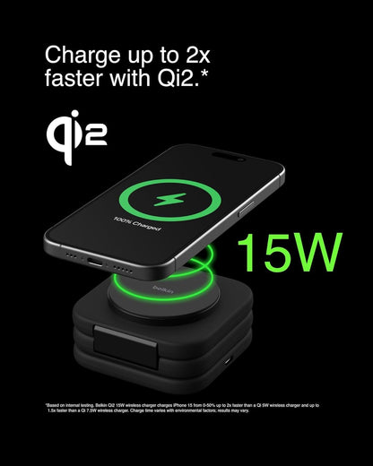 Belkin MagSafe Charger Compatible 3-in-1 Magnetic Charging Travel Pad 15W - BoostCharge Pro Foldable Qi2-Certified Wireless Charger, MagSafe-Compatible Charger for iPhone 15, Apple Watch 9, AirPods