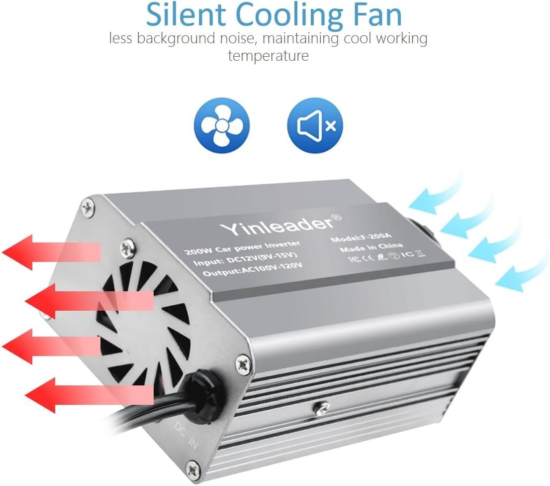 Yinleader 200W Car Power Inverter DC 12V to 110V AC Car Plug Adapter with Dual 3.1A USB Ports and 2 AC Outlets, Cigarette Lighter Adapter, Grey