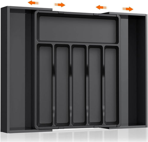 Expandable Cutlery Drawer Organizer, Adjustable Utensil Tray for Kitchen Drawers, Flatware Holder, Plastic Storage for Spoons, Forks, Knives, Durable Design, Space-Saving and Easy to Clean, Black