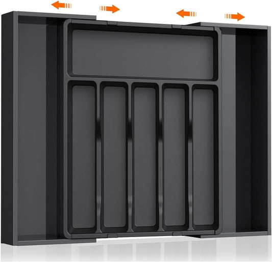 Expandable Cutlery Drawer Organizer, Adjustable Utensil Tray for Kitchen Drawers, Flatware Holder, Plastic Storage for Spoons, Forks, Knives, Durable Design, Space-Saving and Easy to Clean, Black