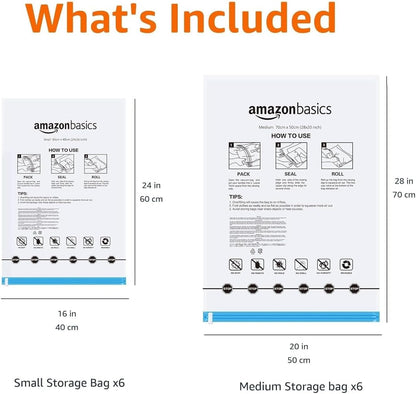 Amazon Basics Roll-Up Travel Storage Bags, 12 Packs of 6 (Small & Medium), Multiple, Clear