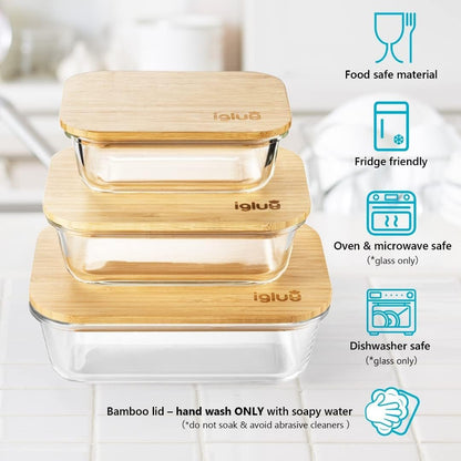Igluu Meal Prep Glass Food Storage Containers (Set of 3), Eco-friendly Food Containers with Bamboo Lids, Nesting Glass Meal Prep Containers, Airtight Lunch Box, Plastic-free (with 3 stretchable bands)