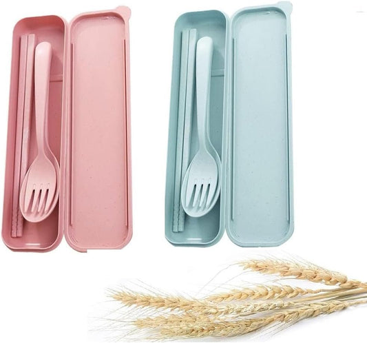 3Set Wheat Straw Portable Utensils Spoon Fork Chopsticks, 2pcsTravel Wheat Straw Cutlery Utensils, Reusable Cutlery Set with Case (Pink + Green)