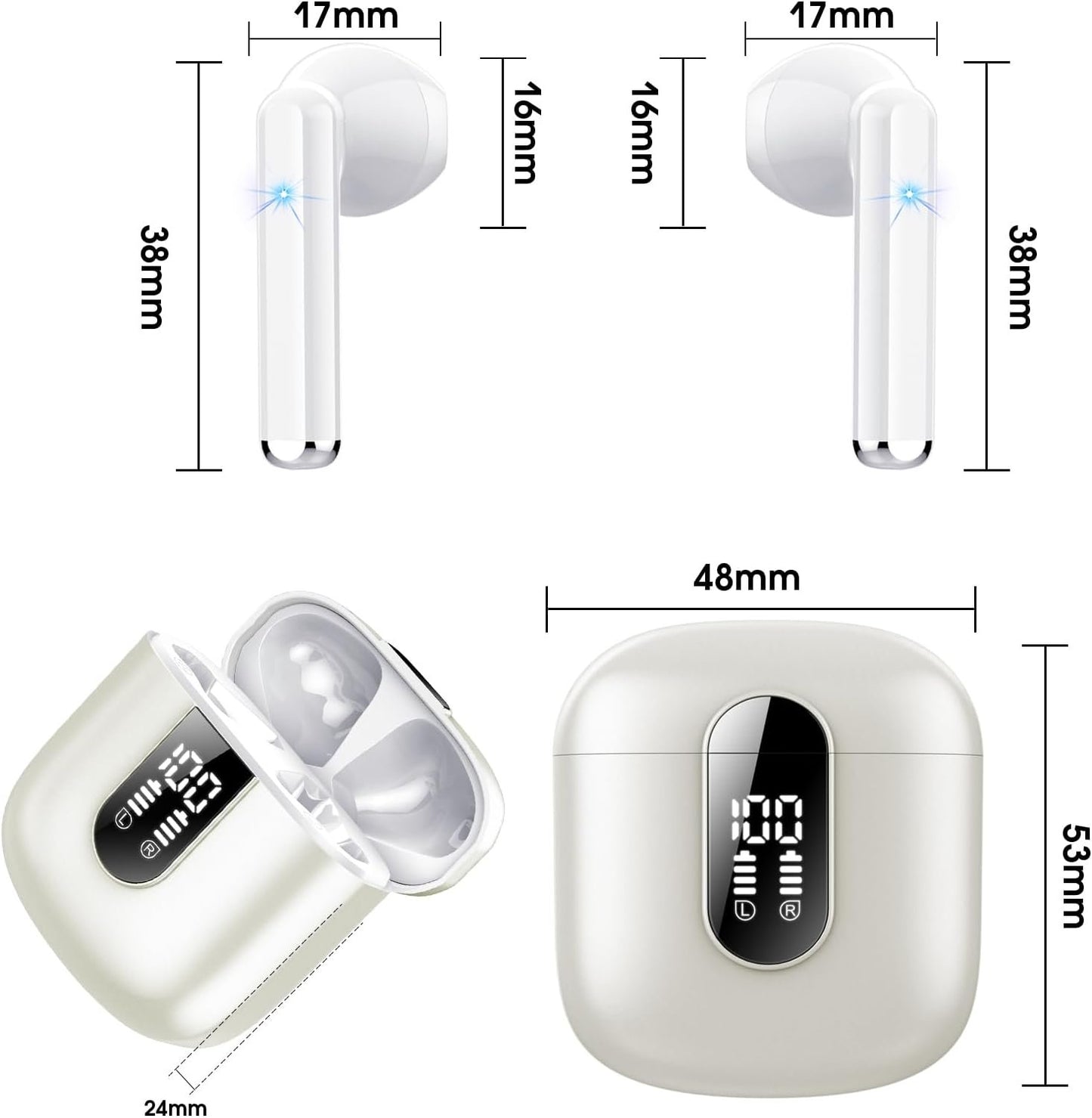 Wireless Earbuds, Bluetooth 5.3 Headphones HiFi Stereo, Mini in-Ear Bluetooth Earbuds, Wireless Earphones with 4 ENC Noise Cancelling Mic, IP7 Waterproof, LED Display, Touch Control Ear Buds, White