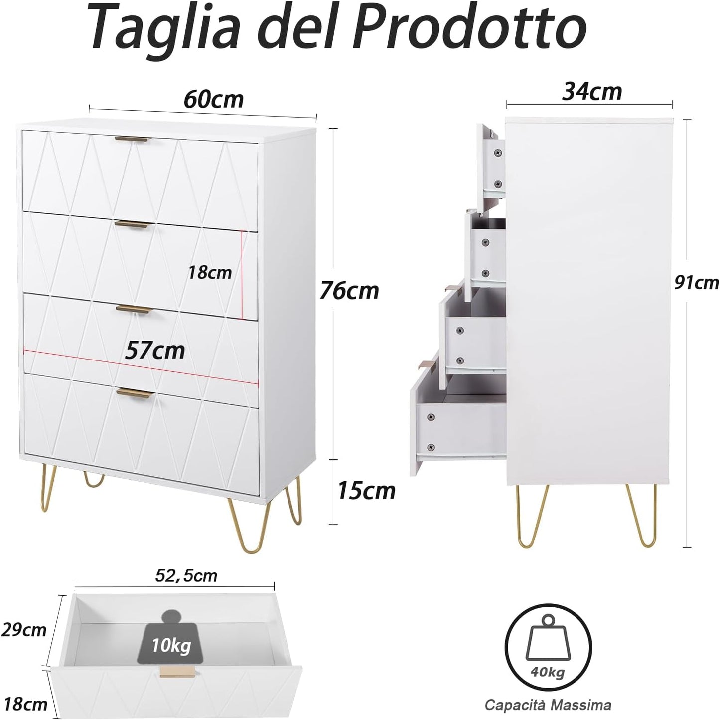 GOOBUY White Chest of Drawers with 4 Drawers, Wooden Bedroom Como Cabinet, Living Room Furniture, Gold Handles and Legs, 34 x 60 x 91 H cm, White