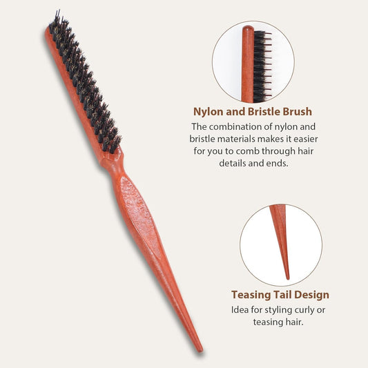 Stiff Bristles Hairbrush for Beard Styling, 2Pcs Boar Bristle Hair Comb Slick Back Brush,Natural Boar Bristle Hair Brushes With Wooden Handle,Slick Back Teasing Comb Brushes for Women Men