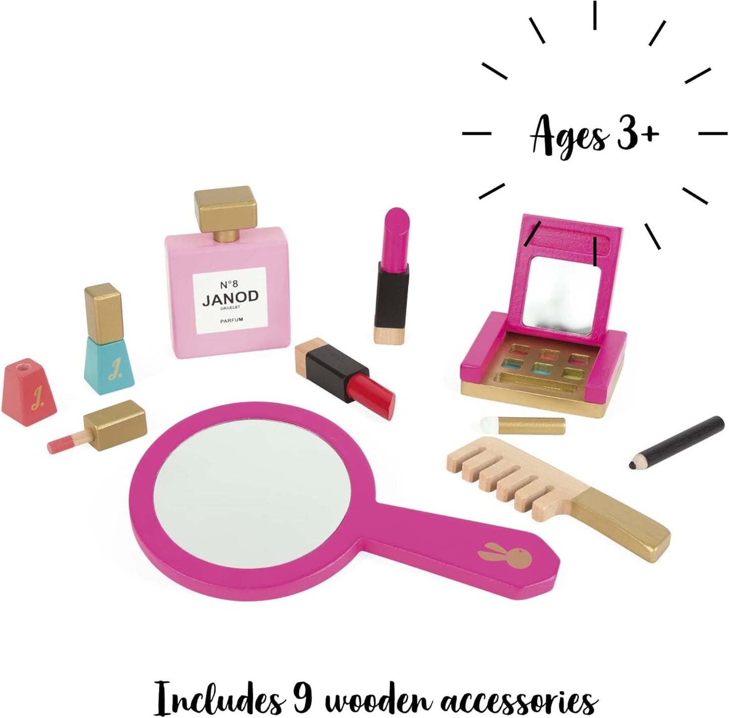 Janod - P'tite Miss Vanity Case for Children - 9 Solid Wood Accessories Included - Pretend Play Toy Beauty and Cosmetic, J06514, Pink